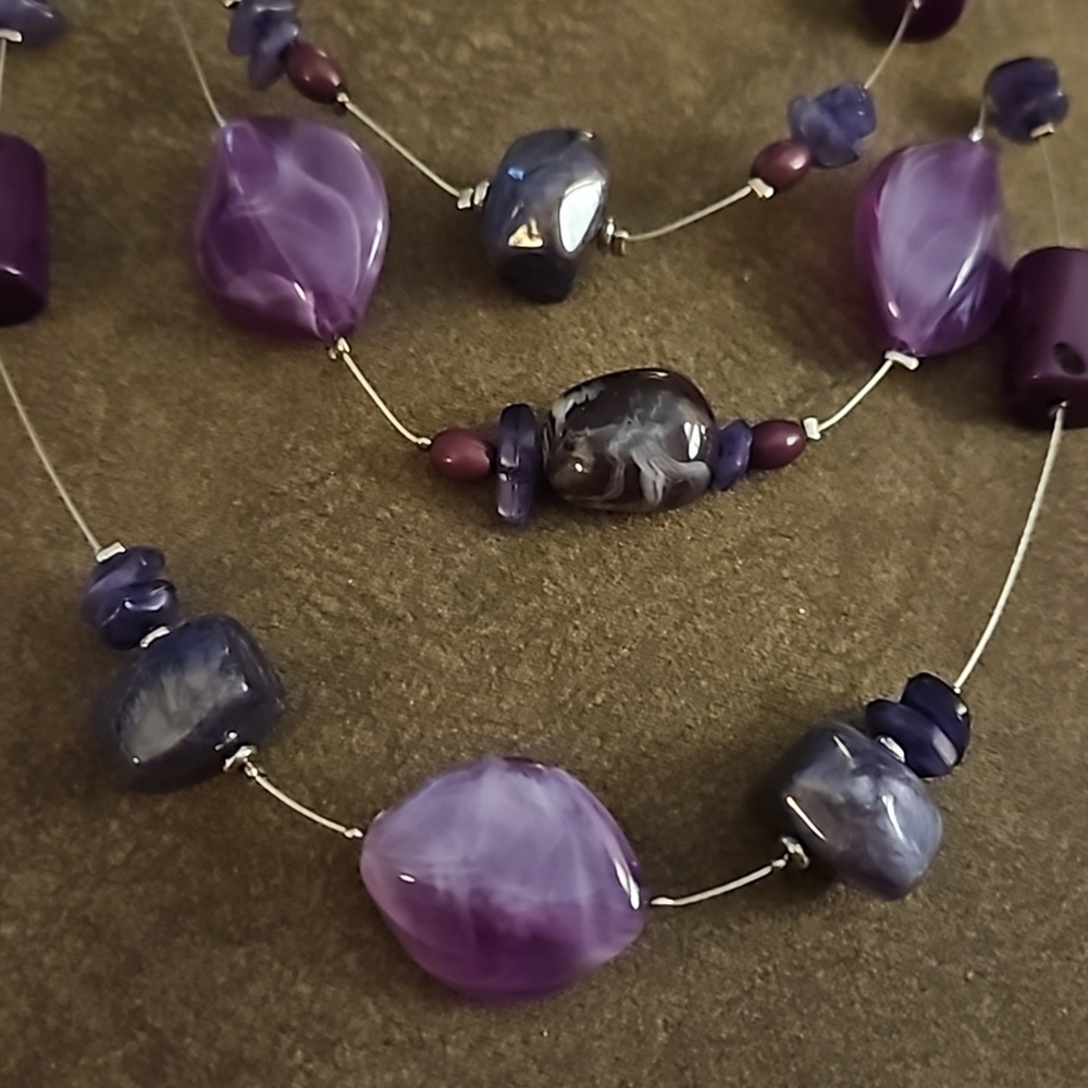 CHICO'S Purple Beaded Station Illusion Floating Layered Festival Necklace - Picture 4 of 6